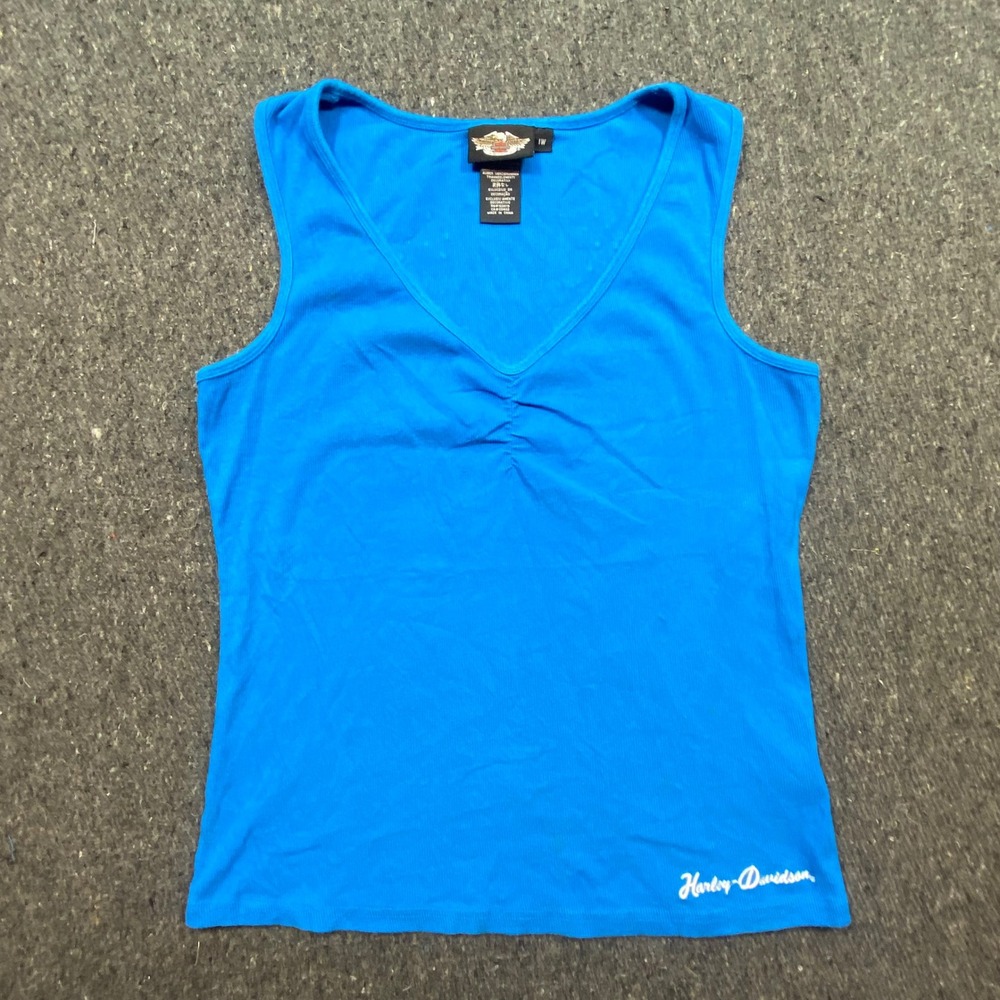 Harley Davidson Tank Top 1W Womens Blue Biker Winged Heart Rhinestone Ribbed